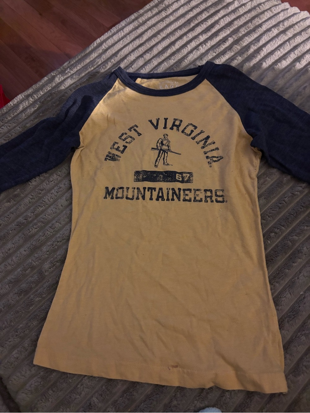 League Yellow Tee with Navy Trim and Collegiate Print